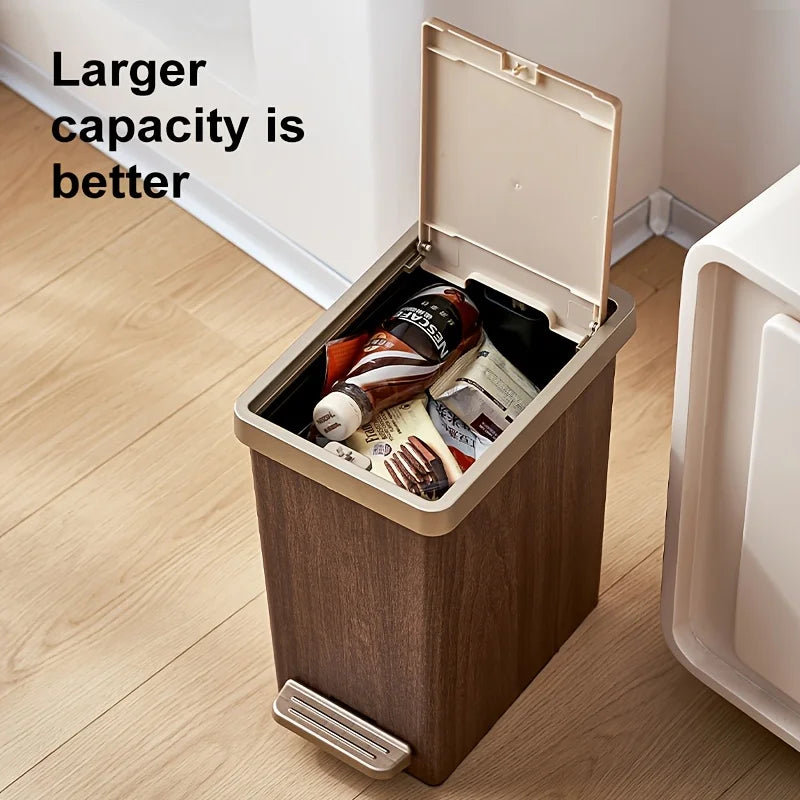 Large Capacity Trash Can,Elegant Wood Grain Design。Durable Plastic,Mute off,Save Space。Suitable for Kitchen、Bathroom、Office、Bedr