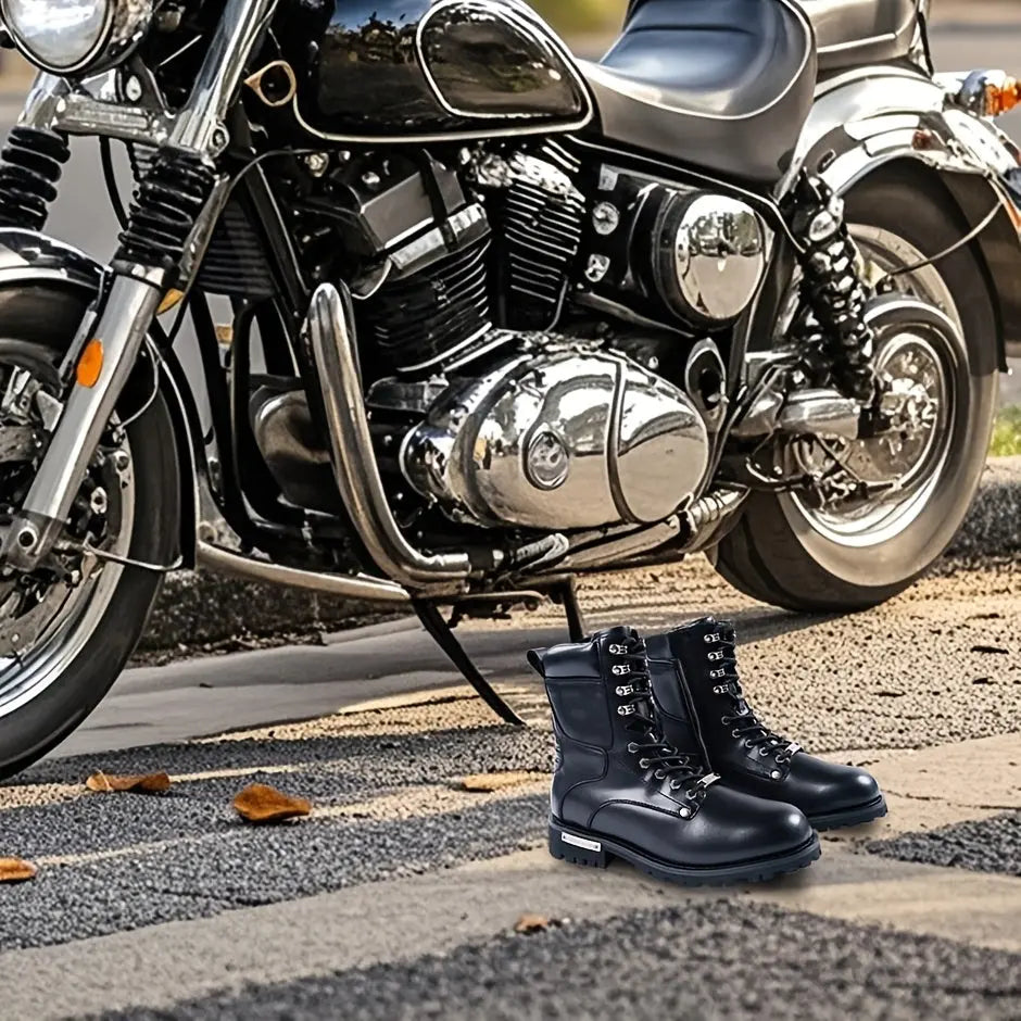 Black Faux PU Leather Motorcycle Boots with Side Zipper, Lace Up Ankle Booties, Low Heel Military Combat Boots for Riding Biker WardBoyzPROShop
