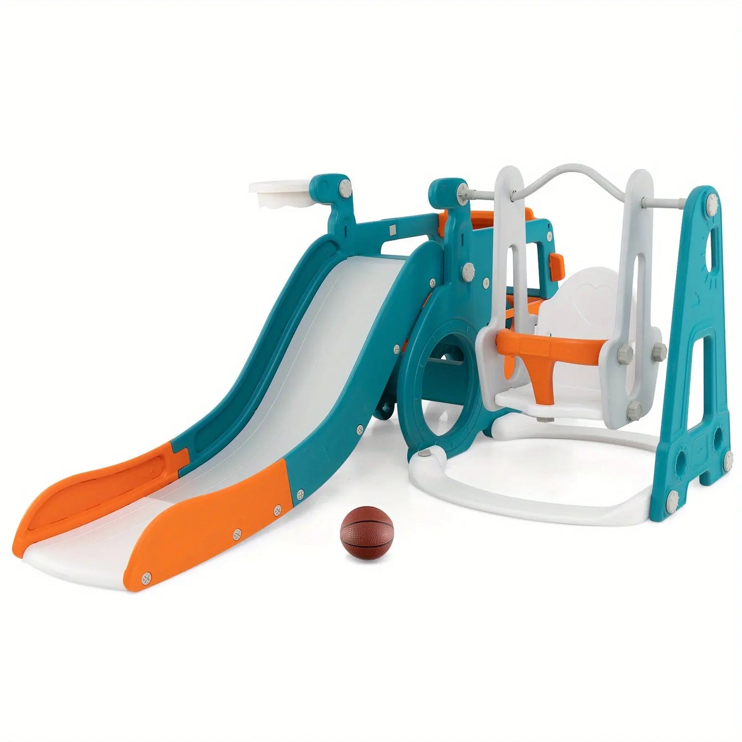 Costway 5-in-1 Kids Slide and Swing Set, Kids Slide with Baby Swing, Mini Bus, Crawling Tunnel, Basketball Hoop, Basketball & Pump Included, Indoor Playset for Boys and Girls Aged Over 18 Months Old WardBoyzPROShop