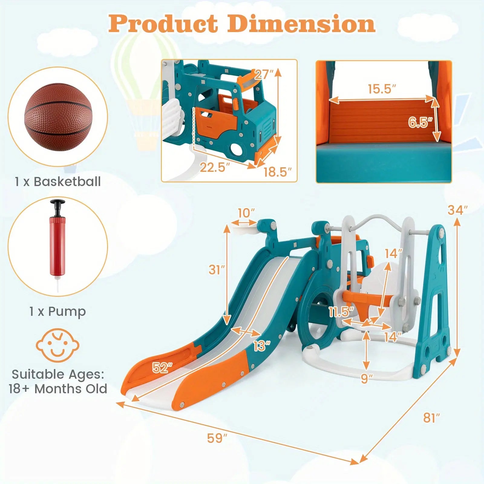 Costway 5-in-1 Kids Slide and Swing Set, Kids Slide with Baby Swing, Mini Bus, Crawling Tunnel, Basketball Hoop, Basketball & Pump Included, Indoor Playset for Boys and Girls Aged Over 18 Months Old WardBoyzPROShop