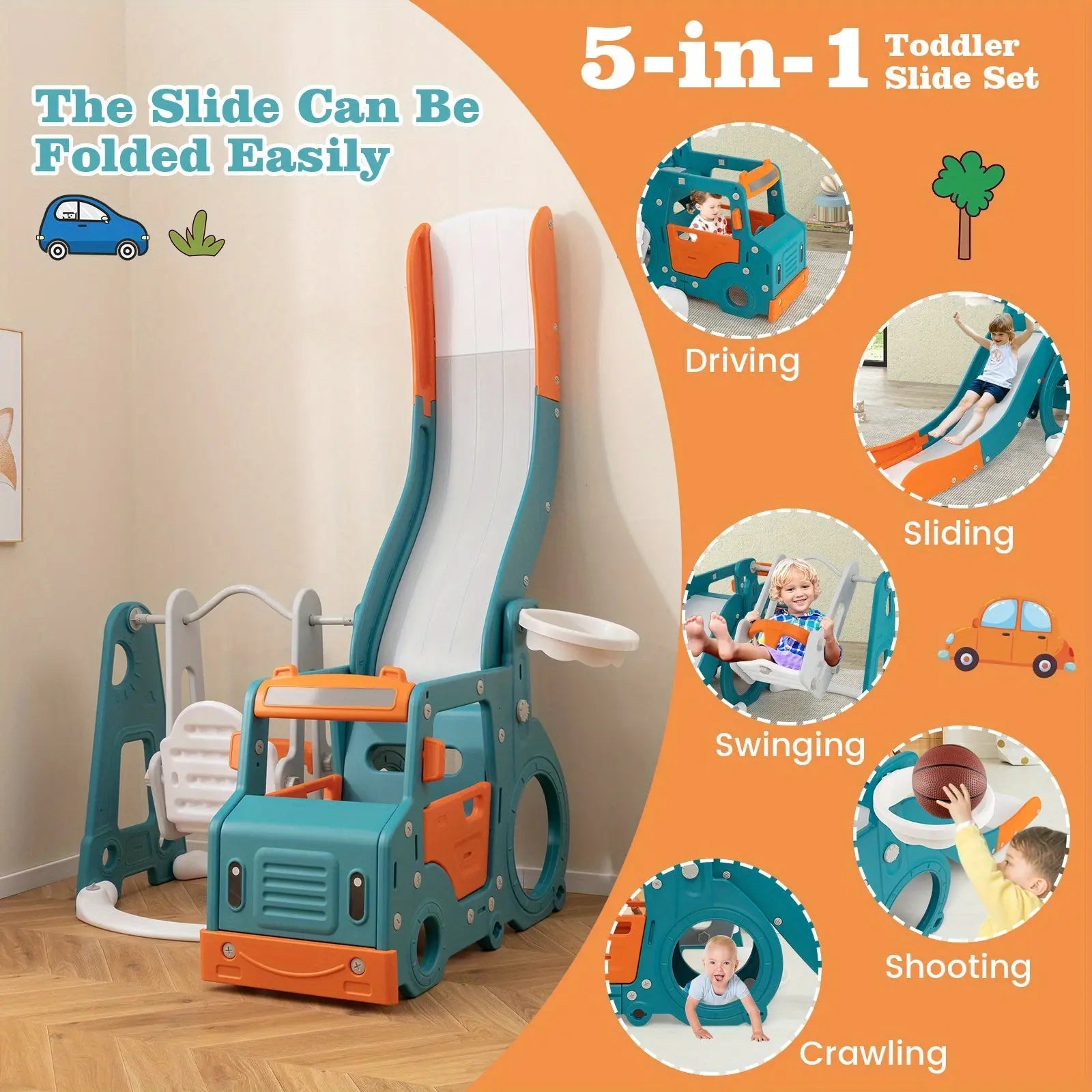 Costway 5-in-1 Kids Slide and Swing Set, Kids Slide with Baby Swing, Mini Bus, Crawling Tunnel, Basketball Hoop, Basketball & Pump Included, Indoor Playset for Boys and Girls Aged Over 18 Months Old WardBoyzPROShop