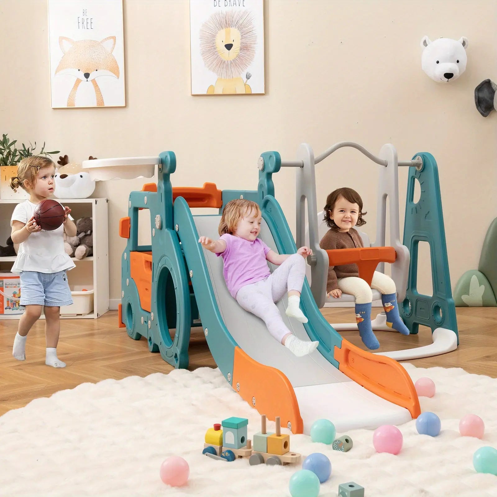 Costway 5-in-1 Kids Slide and Swing Set, Kids Slide with Baby Swing, Mini Bus, Crawling Tunnel, Basketball Hoop, Basketball & Pump Included, Indoor Playset for Boys and Girls Aged Over 18 Months Old WardBoyzPROShop