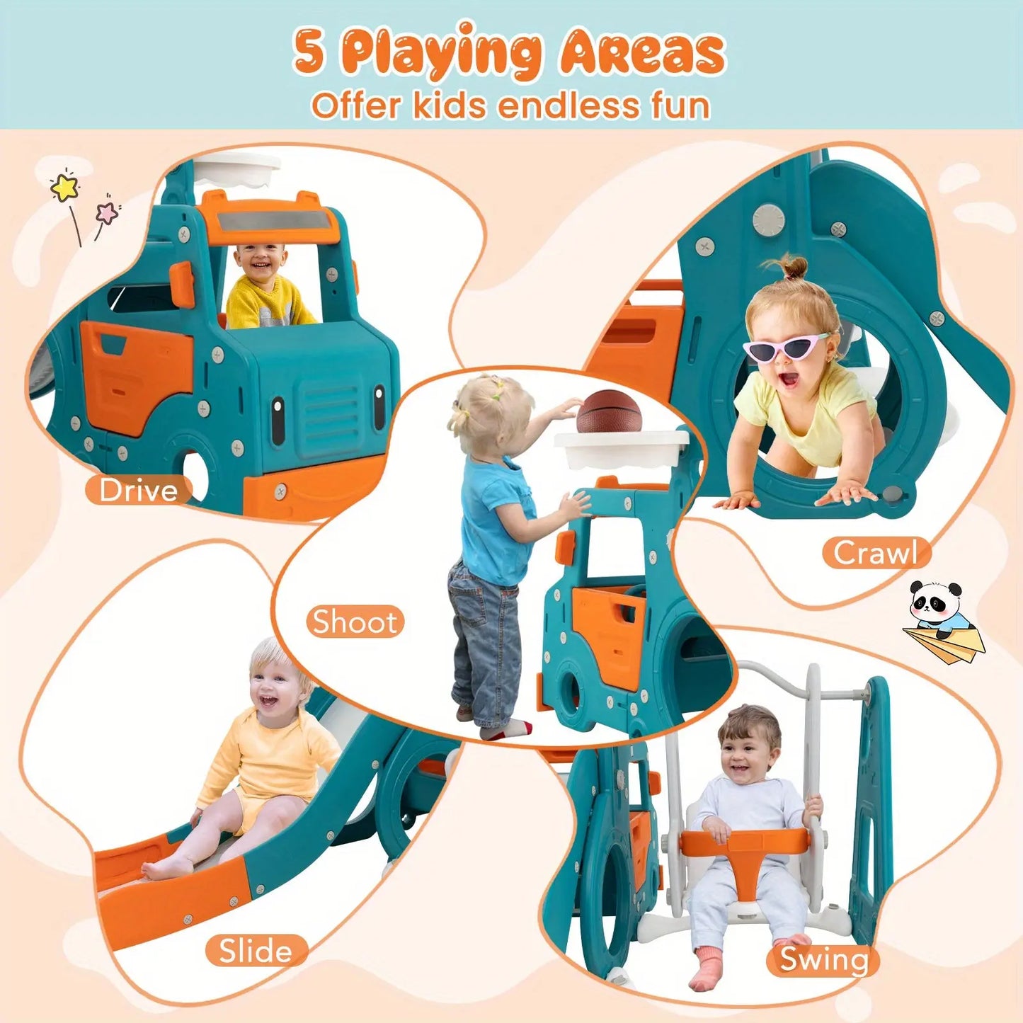 Costway 5-in-1 Kids Slide and Swing Set, Kids Slide with Baby Swing, Mini Bus, Crawling Tunnel, Basketball Hoop, Basketball & Pump Included, Indoor Playset for Boys and Girls Aged Over 18 Months Old WardBoyzPROShop