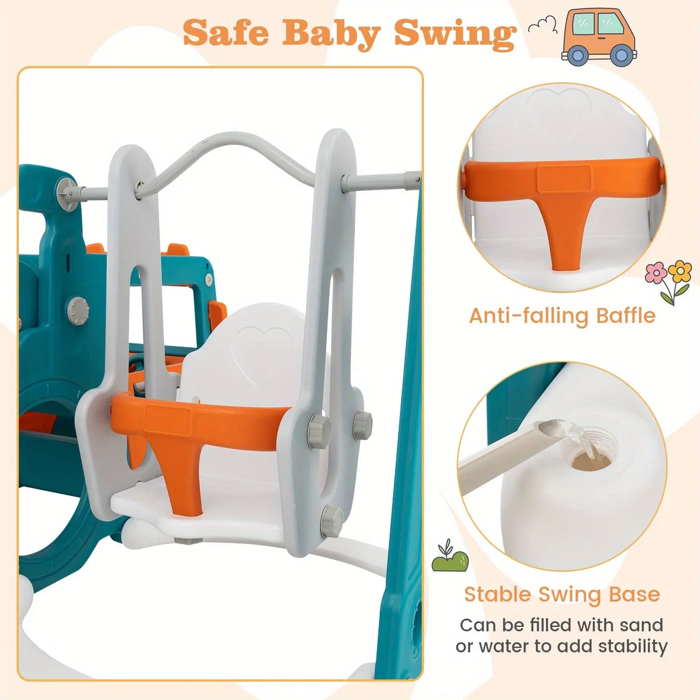 Costway 5-in-1 Kids Slide and Swing Set, Kids Slide with Baby Swing, Mini Bus, Crawling Tunnel, Basketball Hoop, Basketball & Pump Included, Indoor Playset for Boys and Girls Aged Over 18 Months Old WardBoyzPROShop
