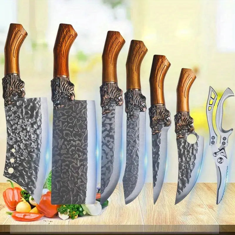 Professional Stainless Steel Chef Knife Set 7-Piece Handmade Forged Replaceable Blade Butcher Kitchen Scissors Super Sharp Bone Picking Duck Fish Cutter WardBoyzPROShop