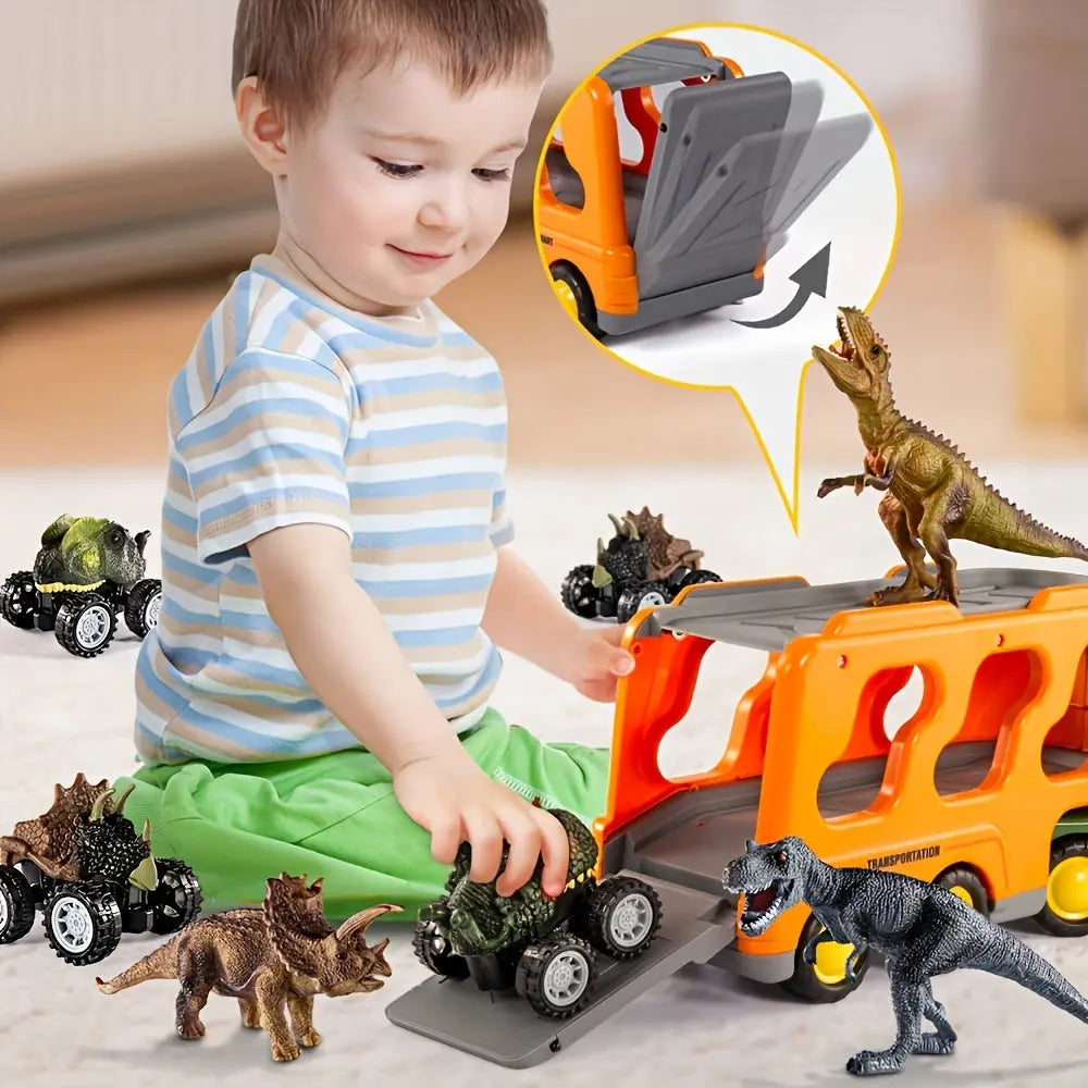 Baby Home Dinosaurs & Truck Toys Transport Car With 3 Dino Figures & 3 Monster Cars, Friction Toy Vehicle In Carrier Truck With Light & Sound, Play Gift Set Halloween, Christmas Gift WardBoyzPROShop