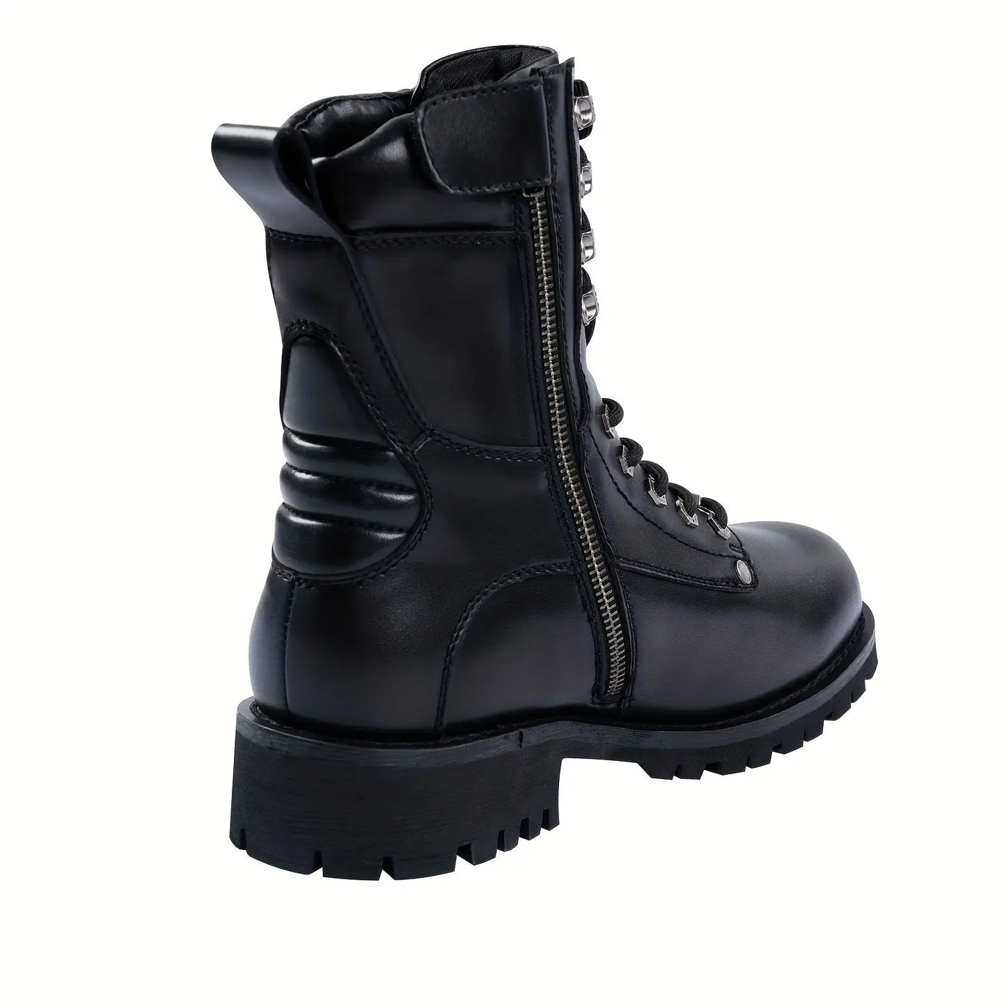 Black Faux PU Leather Motorcycle Boots with Side Zipper, Lace Up Ankle Booties, Low Heel Military Combat Boots for Riding Biker WardBoyzPROShop