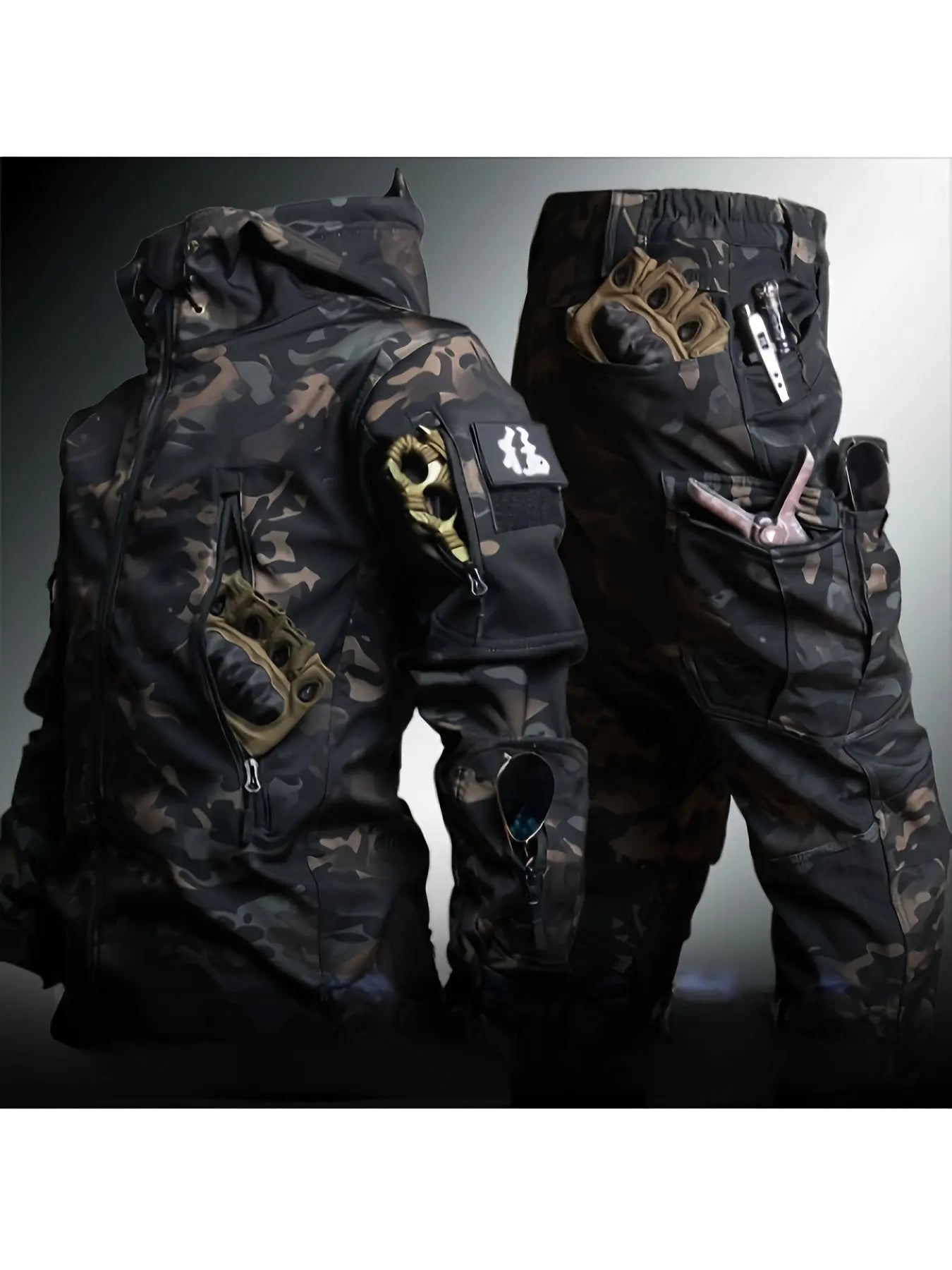 Water-resistant Camouflage Hooded Fleece Jacket and Pants Set for Men Multi-Pocket Design Ideal for Outdoor Wear Autumn and Winter WardBoyzPROShop