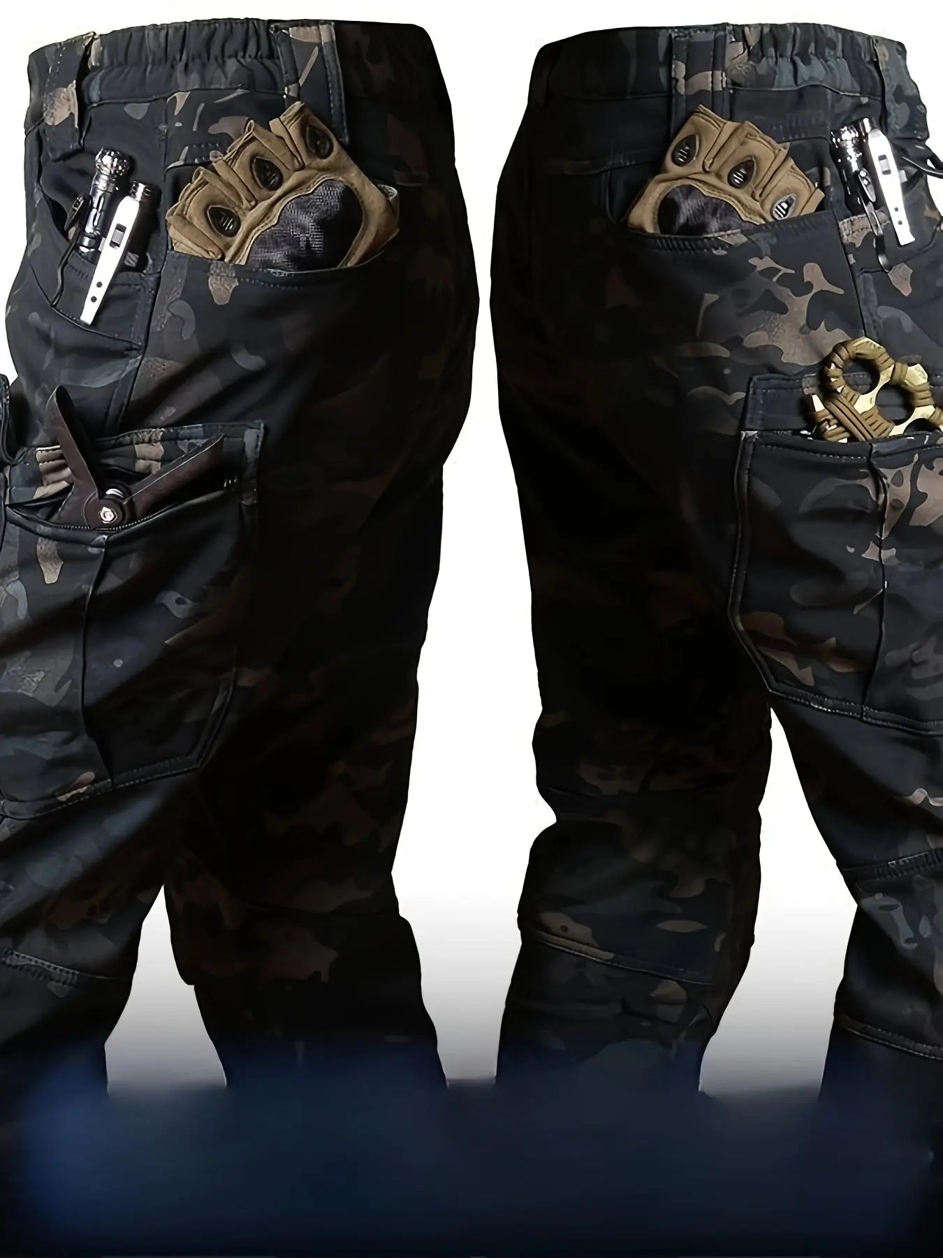 Water-resistant Camouflage Hooded Fleece Jacket and Pants Set for Men Multi-Pocket Design Ideal for Outdoor Wear Autumn and Winter WardBoyzPROShop