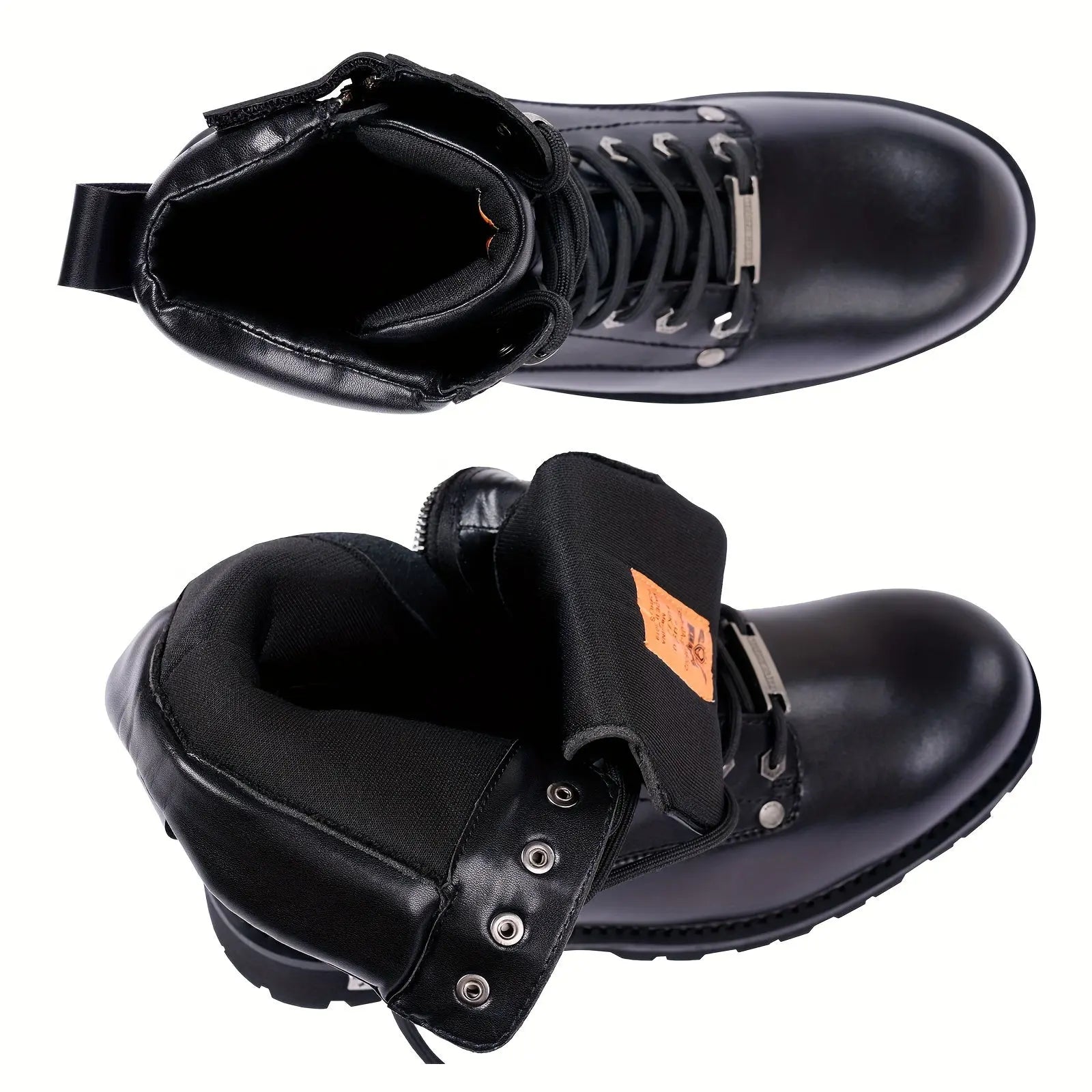Black Faux PU Leather Motorcycle Boots with Side Zipper, Lace Up Ankle Booties, Low Heel Military Combat Boots for Riding Biker WardBoyzPROShop