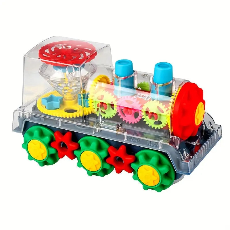 Transparent Small Train Head Gear Linkage Standing Rotating Toy Light Music Driving Christmas Holiday Toy Gift WardBoyzPROShop