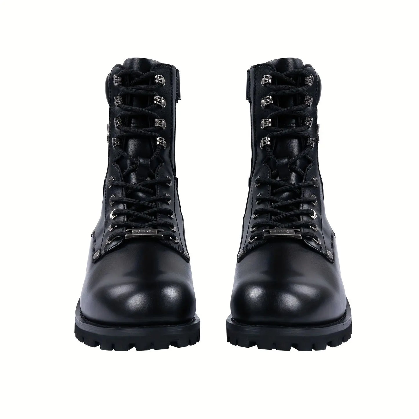 Black Faux PU Leather Motorcycle Boots with Side Zipper, Lace Up Ankle Booties, Low Heel Military Combat Boots for Riding Biker WardBoyzPROShop