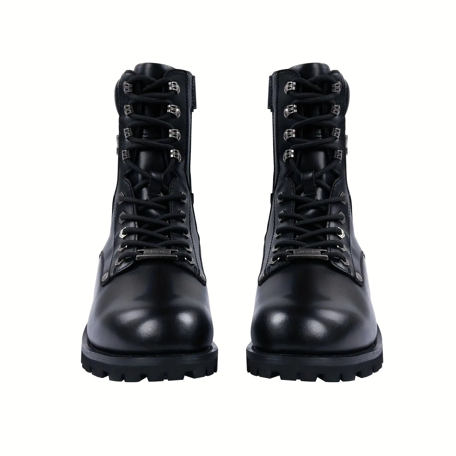 Black Faux PU Leather Motorcycle Boots with Side Zipper, Lace Up Ankle Booties, Low Heel Military Combat Boots for Riding Biker WardBoyzPROShop