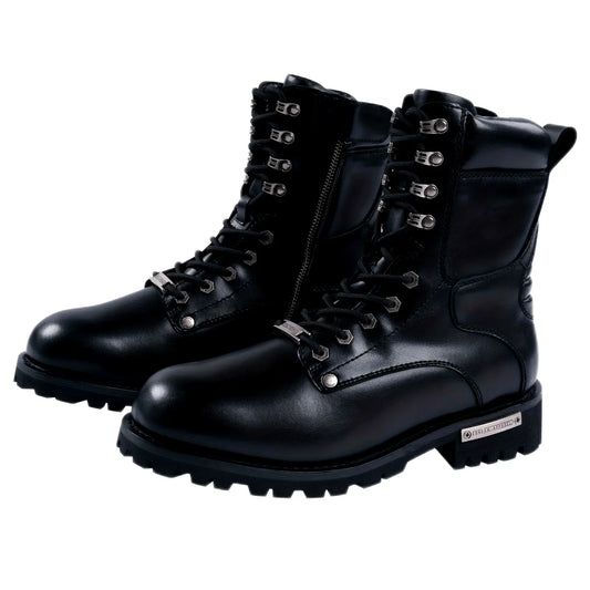 Black Faux PU Leather Motorcycle Boots with Side Zipper, Lace Up Ankle Booties, Low Heel Military Combat Boots for Riding Biker WardBoyzPROShop