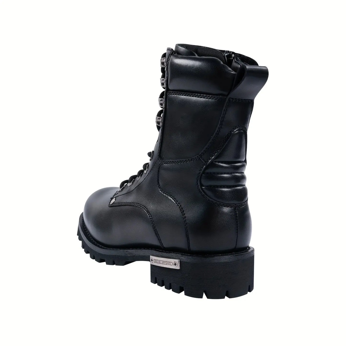 Black Faux PU Leather Motorcycle Boots with Side Zipper, Lace Up Ankle Booties, Low Heel Military Combat Boots for Riding Biker WardBoyzPROShop
