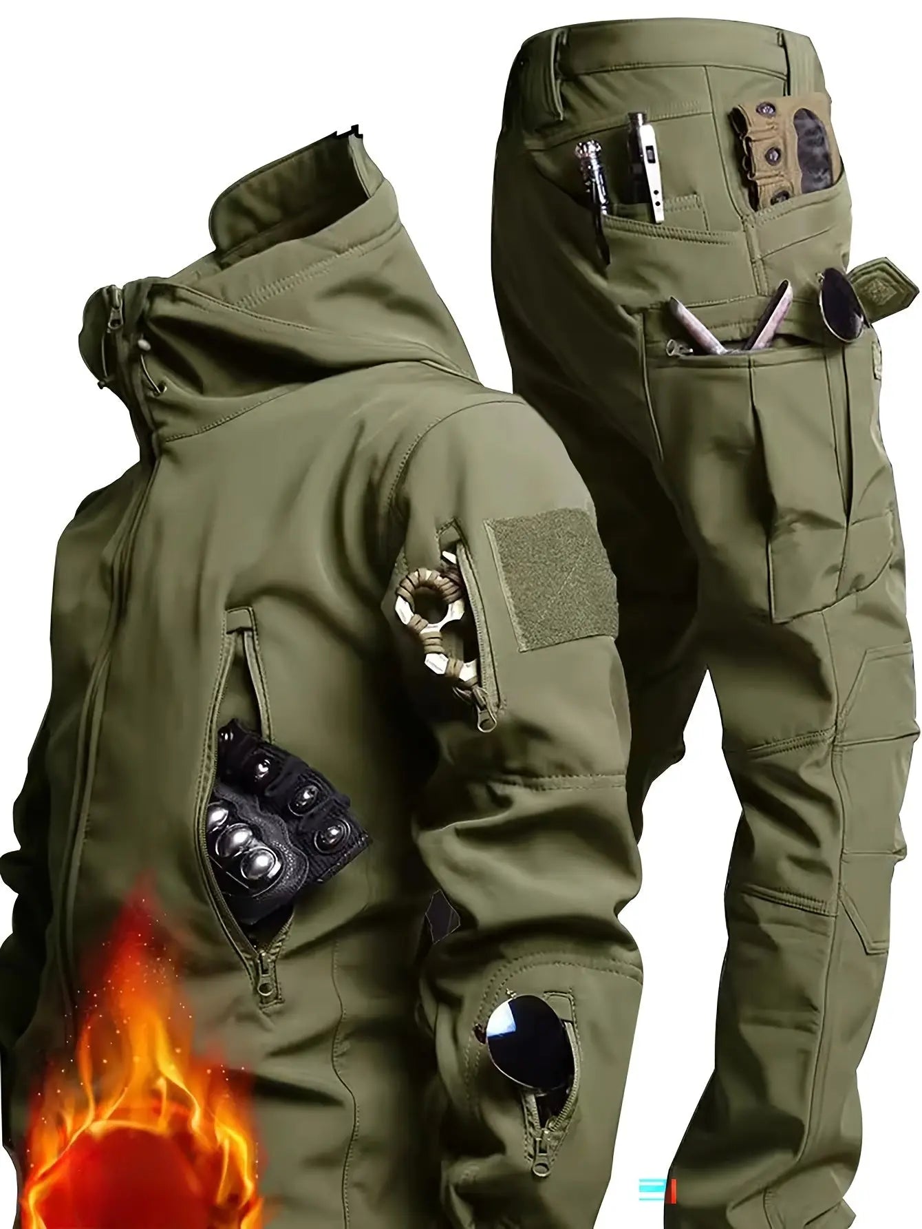 Water-resistant Camouflage Hooded Fleece Jacket and Pants Set for Men Multi-Pocket Design Ideal for Outdoor Wear Autumn and Winter WardBoyzPROShop