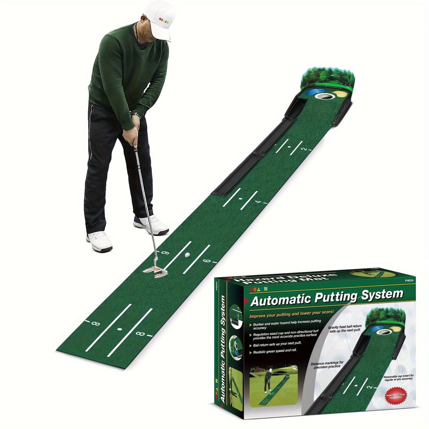 [Lenticular 3D] HUAEN Golf Putting Mat - 8ft Indoor Practice Mat with 3D Backplate and Ball Return WardBoyzPROShop