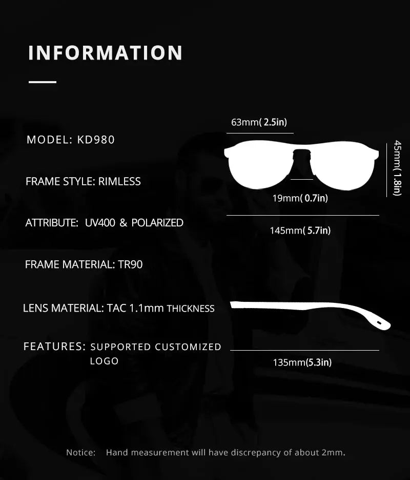 KDEAM Rimless Oval Men's Sunglasses Polarized TR90 Material Frame TAC Polarization Lense Soft Rubber Foot Cover WardBoyzPROShop