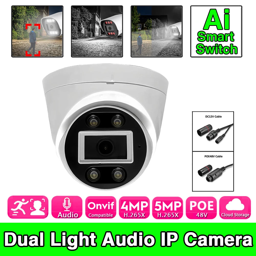 5MP/4MP AI POE Dome Camera - Full Color & Infrared Dual Light, Built-in Mic, RTSP, XMEYE, Semi-ball Design for Home Security