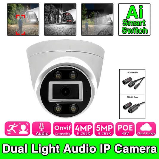 5MP/4MP AI POE Dome Camera - Full Color & Infrared Dual Light, Built-in Mic, RTSP, XMEYE, Semi-ball Design for Home Security