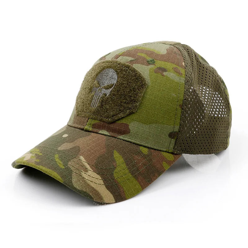 2024 New Summer Camouflage Skull Baseball Mesh Cap Adjustable Airsoft Outdoor Tactical Hiking Casquette Hats For Men Women