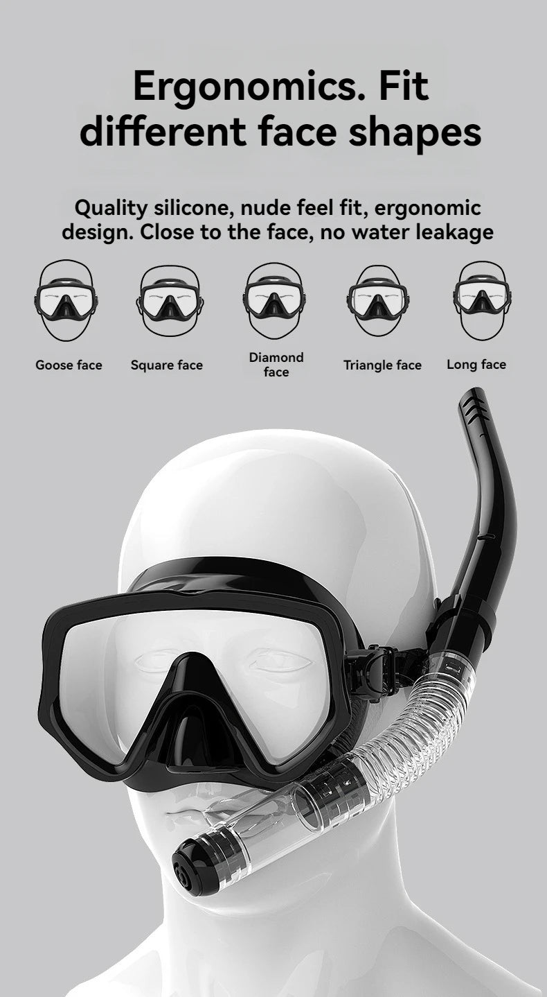 Diving Mask Snorkel Set For Adults Tempered Glass Scuba Professional Panoramic Snorkeling Gear Swimming Training Snorkel Kit