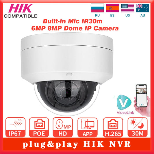 6MP 8MP Dome IP Camera Built-in Mic IR30m Human Vehicle Detection Plug&play with HIK NVR APP Remote Hikvision Compatible Serice
