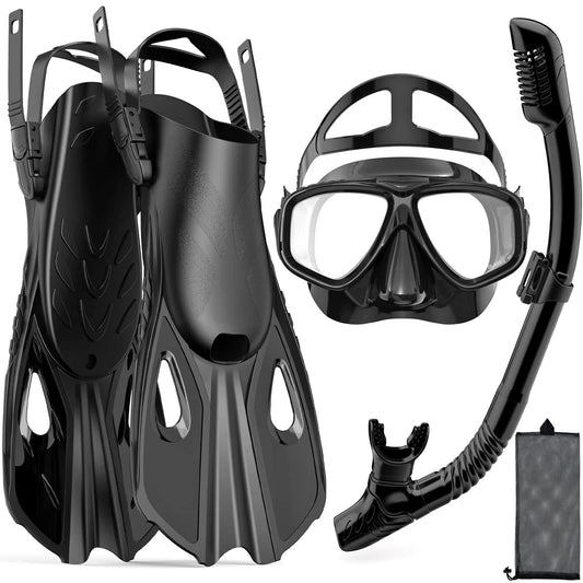 Mask Fins Snorkel Set 4 in 1 Panoramic View Dry Top Adjustable Short Dive Flippers Travel Bag Scuba Gear Diving Swimming Adults