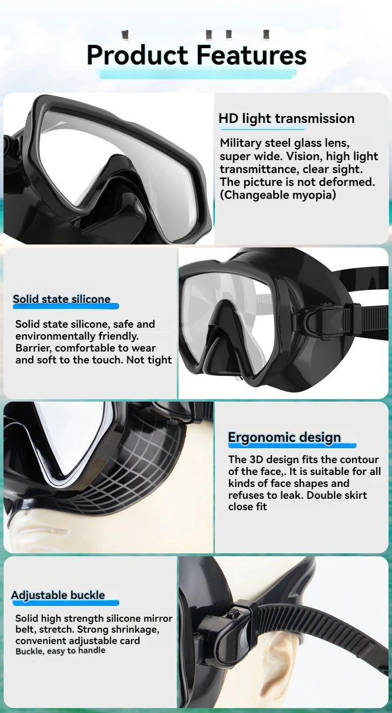 Diving Mask Snorkel Set For Adults Tempered Glass Scuba Professional Panoramic Snorkeling Gear Swimming Training Snorkel Kit