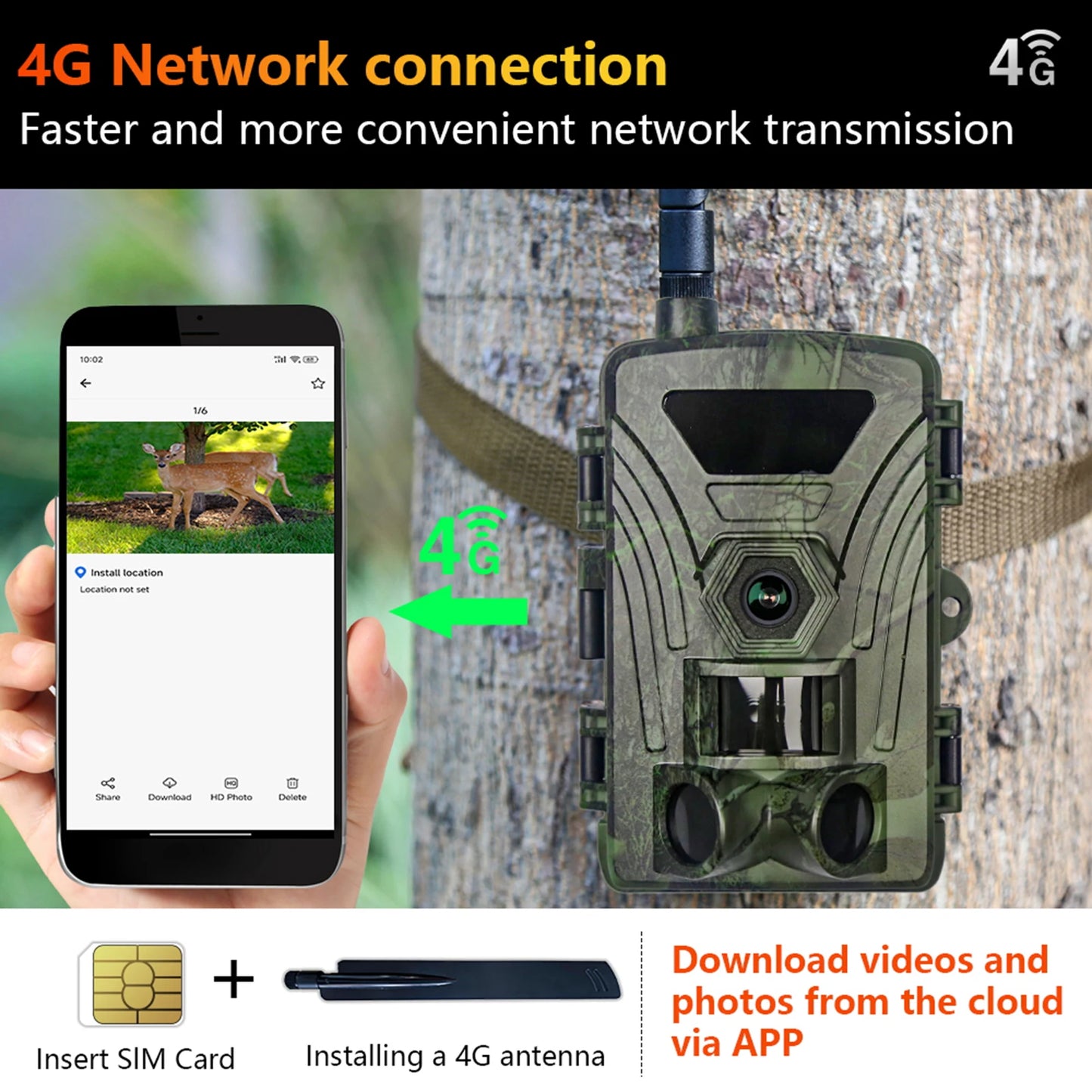 4G Trail Camera 8K Video 60MP Images PIR120°15M-20M Super-Fast Reflex Trigger Wildlife Camera with APP Cloud Storage Infrared