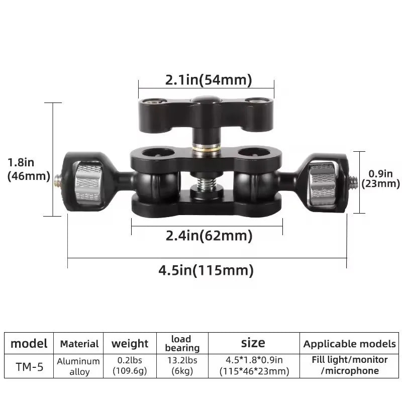 BEXIN TM-5 Articulating Magic Arm with Dual Ball Head for Tripod Phone Clip 1/4" Screw for LED Light LCD Monitor Microphone