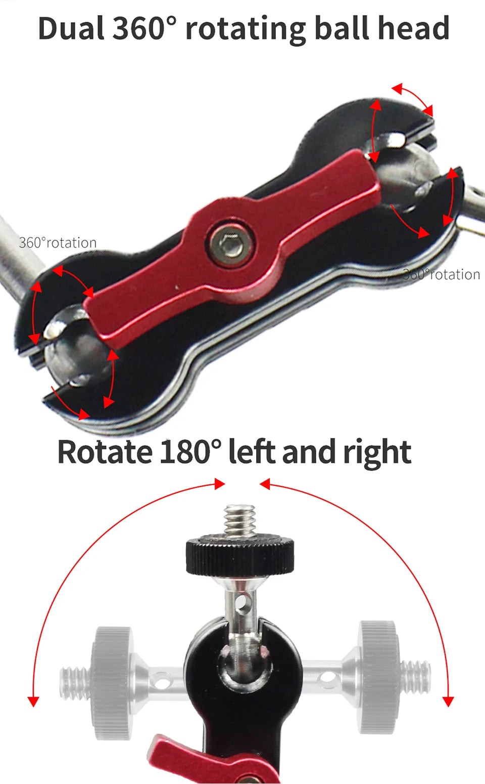 360° Ballhead Magic Arm Double Ball Head Adapter 1/4" Screw Monitor Mount for Gopro Insta360 Holder Lights Phone Stand Bracket