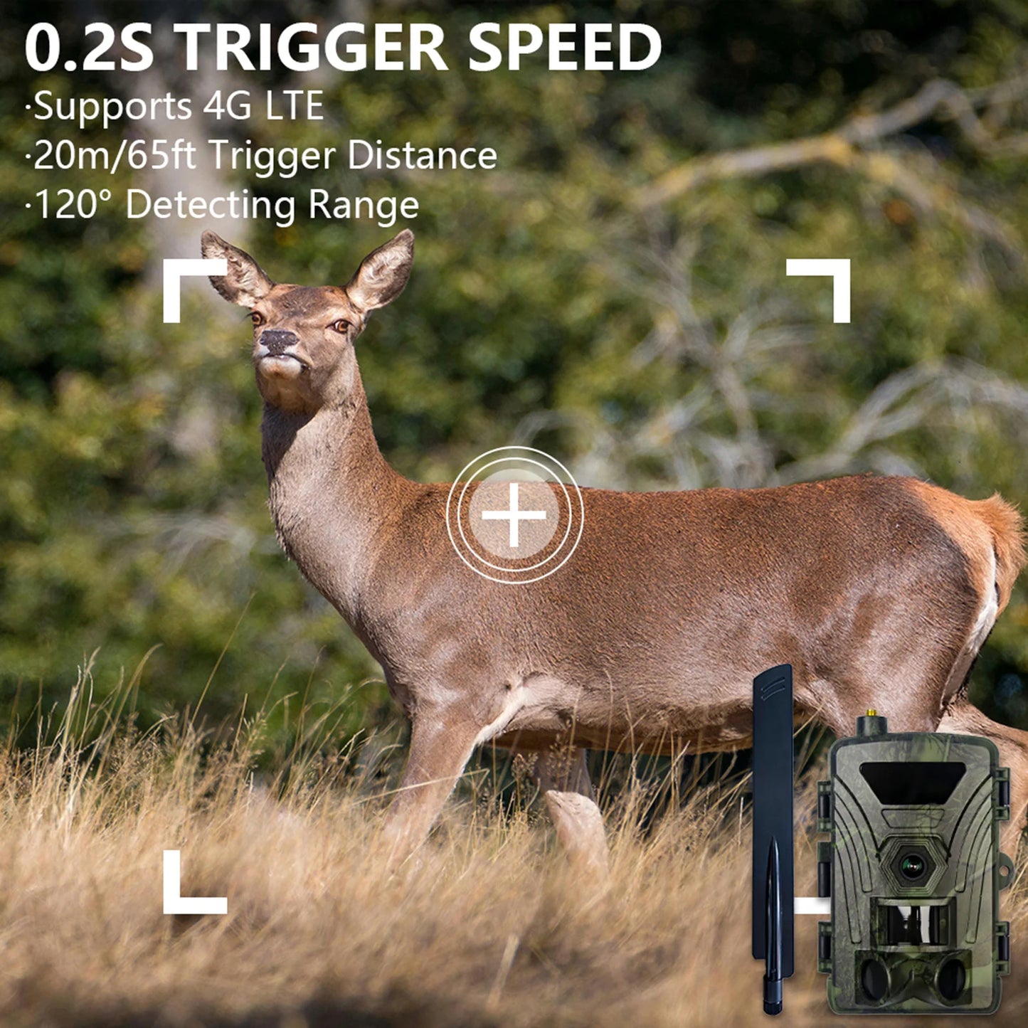 4G Trail Camera 8K Video 60MP Images PIR120°15M-20M Super-Fast Reflex Trigger Wildlife Camera with APP Cloud Storage Infrared Ca