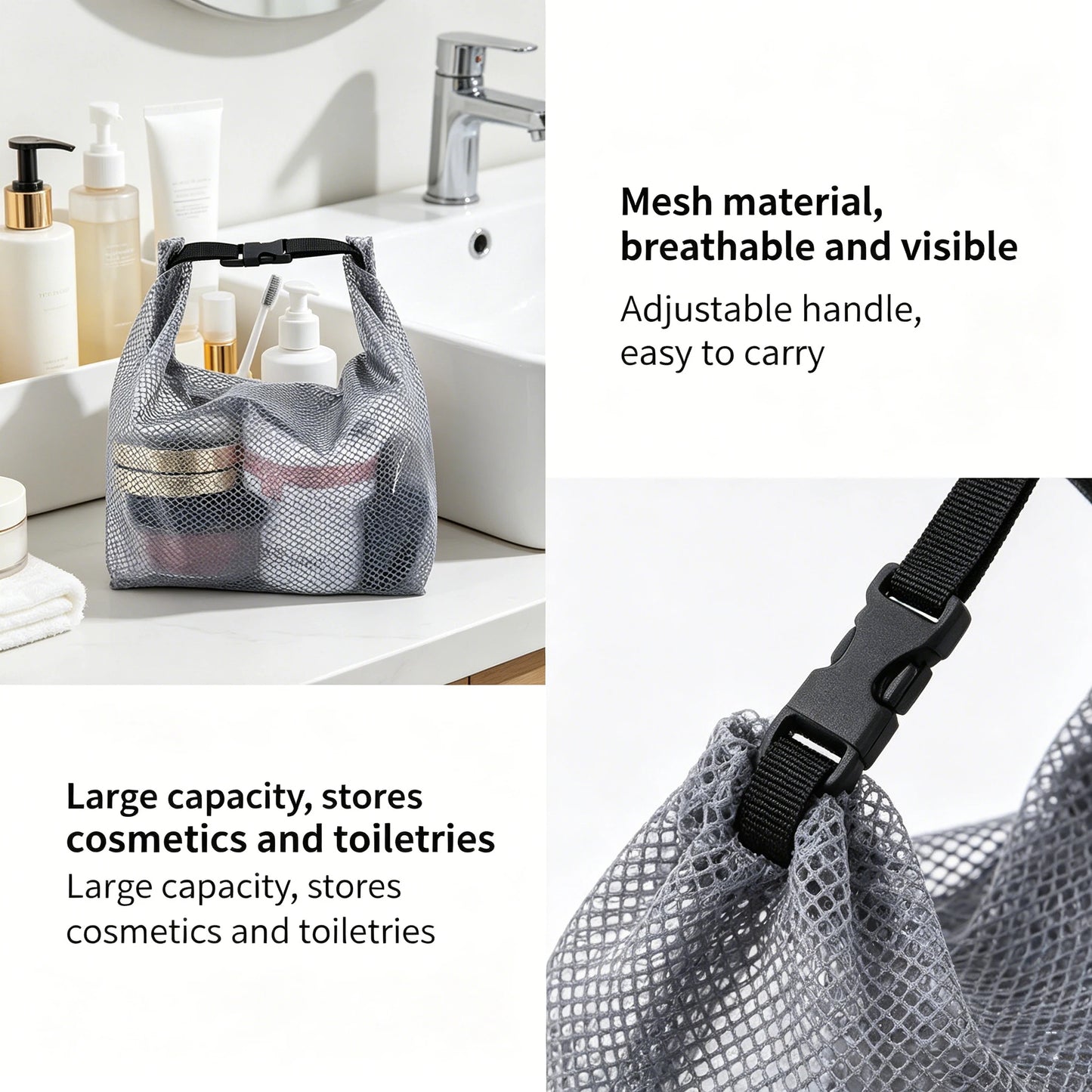 Waterproof Mesh Toiletry Bag, Drawstring Cosmetic Organizer with Quick-Release Buckle, Transparent Pouch for Travel, Gym, and Ba