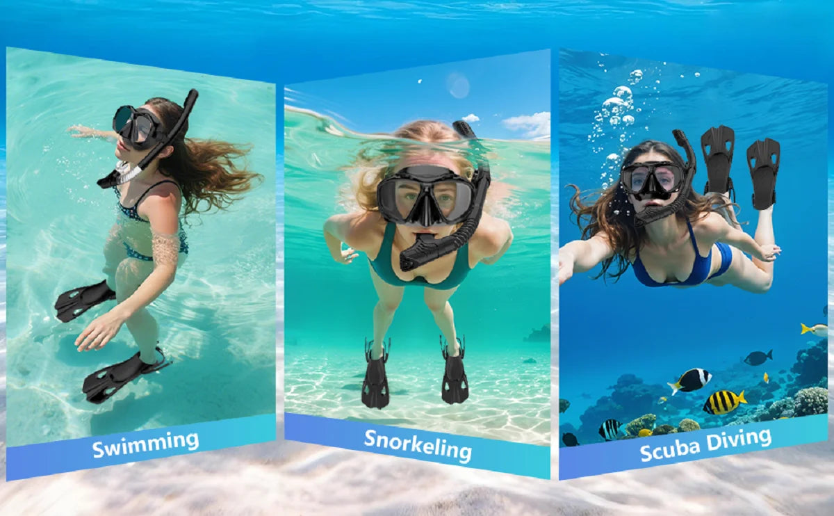 Mask Fins Snorkel Set 4 in 1 Panoramic View Dry Top Adjustable Short Dive Flippers Travel Bag Scuba Gear Diving Swimming Adults