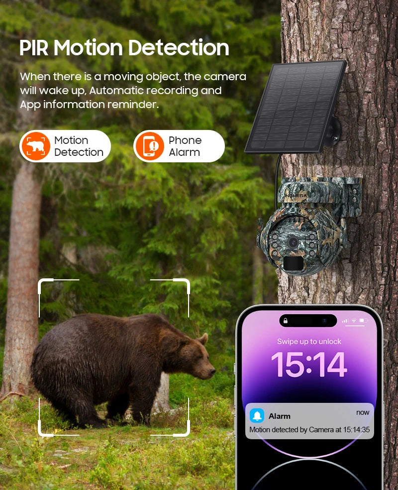 5MP Trail Camera Wireless Outdoor, 3G/4G LTE, Solar Powered Camera with 360° Pan Tilt, 2K Night Vision, Smart Motion Activated