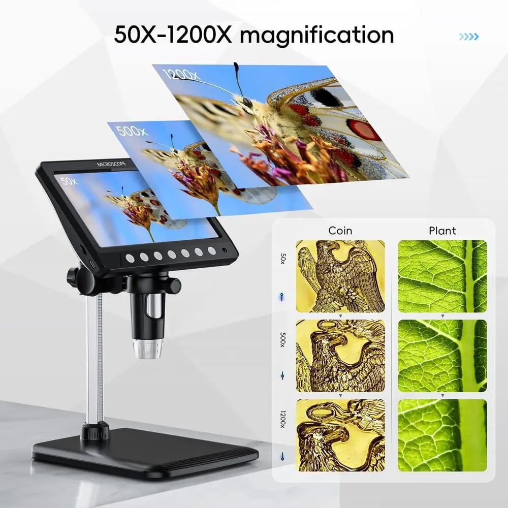 7Inch IPS Digital Coin Microscope 5MP 1200X Ultra-Precise Focusing Camera 1080P Video Microscope 8 LED Lights for Coin Circuit