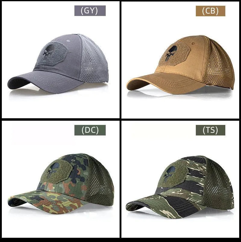 2024 New Summer Camouflage Skull Baseball Mesh Cap Adjustable Airsoft Outdoor Tactical Hiking Casquette Hats For Men Women