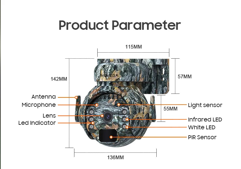 5MP Trail Camera Wireless Outdoor, 3G/4G LTE, Solar Powered Camera with 360° Pan Tilt, 2K Night Vision, Smart Motion Activated