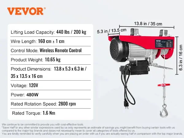 VEVOR 200-800kg Electric Hoist with Wired/Wireless Remote Control Lifting Crane Cable Hoist Winch for Boat Car Garage Elevator WardBoyzPROShop