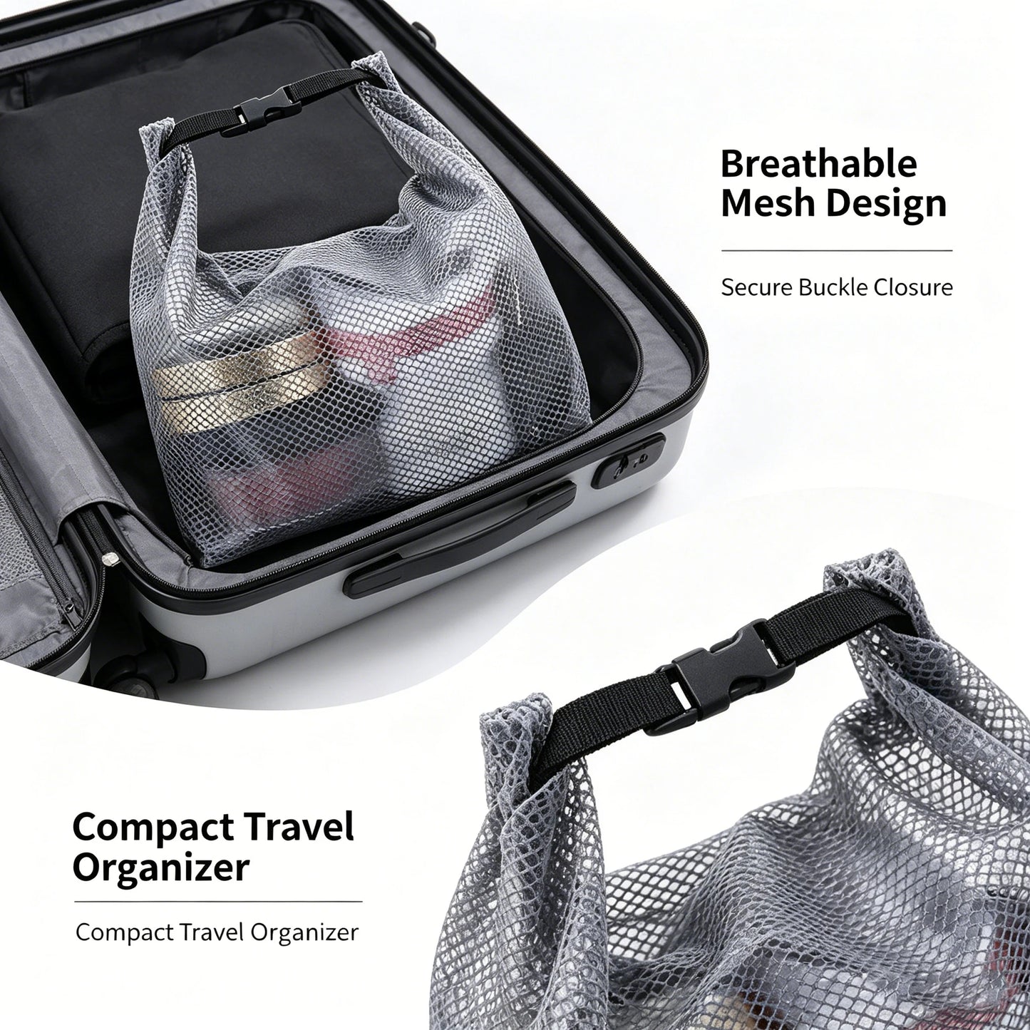 Waterproof Mesh Toiletry Bag, Drawstring Cosmetic Organizer with Quick-Release Buckle, Transparent Pouch for Travel, Gym, and Ba