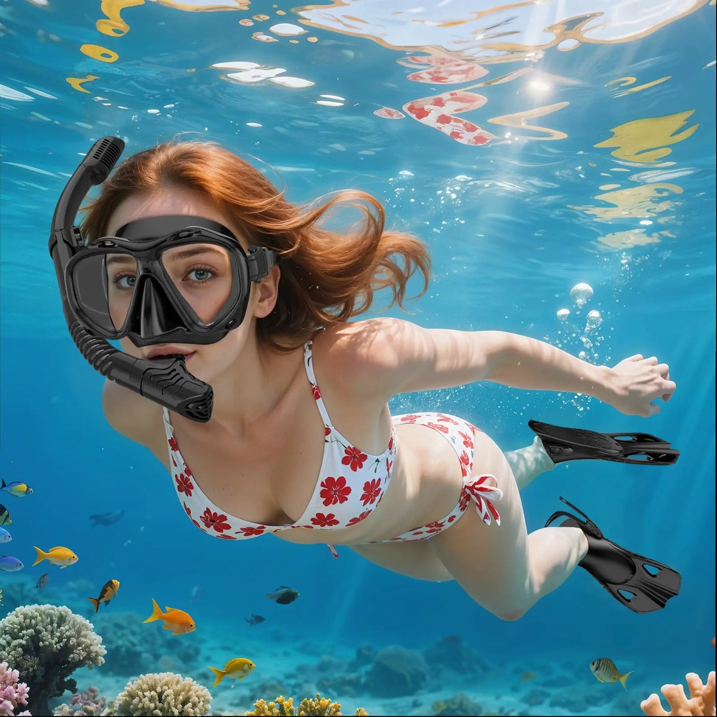 Mask Fins Snorkel Set 4 in 1 Panoramic View Dry Top Adjustable Short Dive Flippers Travel Bag Scuba Gear Diving Swimming Adults