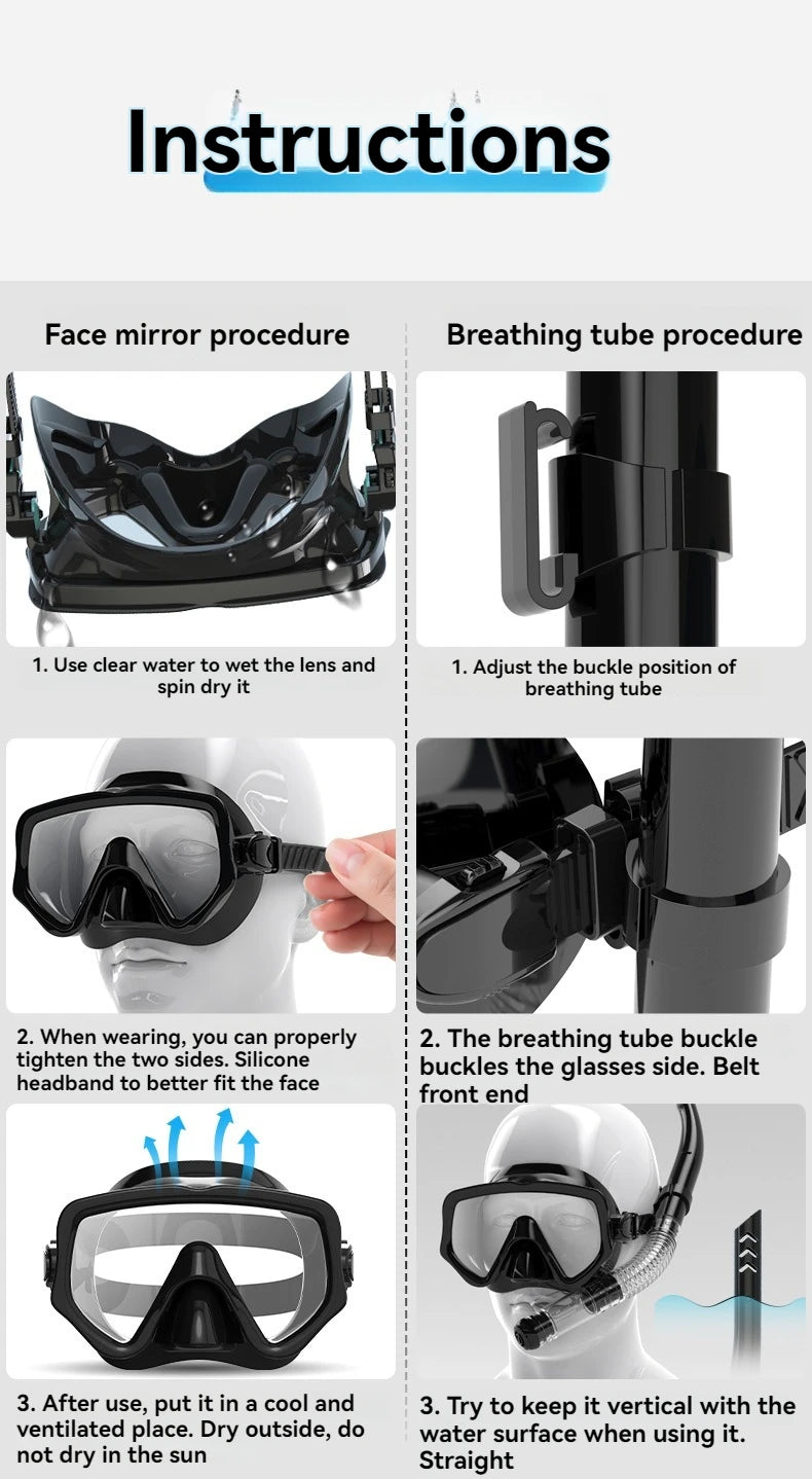 Diving Mask Snorkel Set For Adults Tempered Glass Scuba Professional Panoramic Snorkeling Gear Swimming Training Snorkel Kit