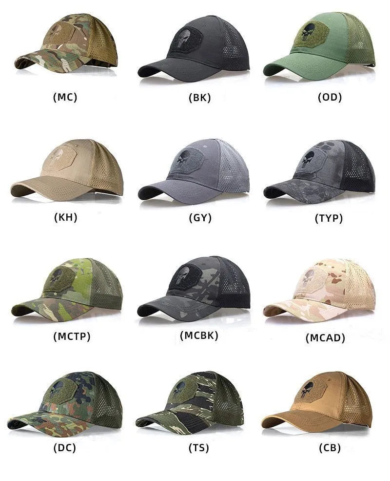 2024 New Summer Camouflage Skull Baseball Mesh Cap Adjustable Airsoft Outdoor Tactical Hiking Casquette Hats For Men Women