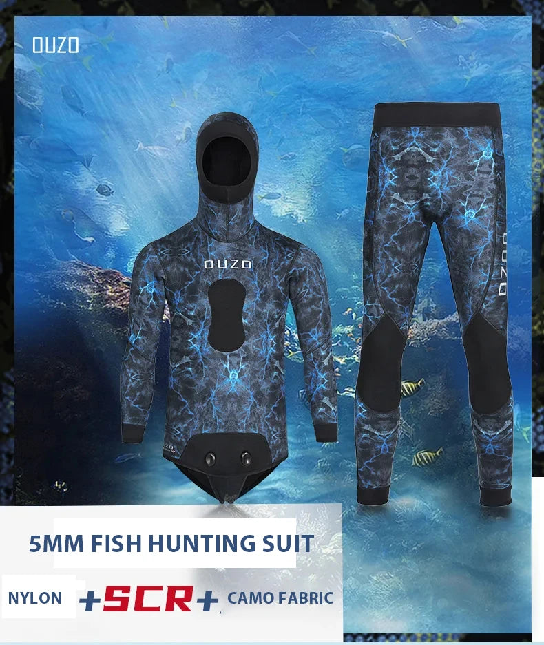 2 Pieces Neoprene Wetsuit 5mm Camouflage Long Sleeve Fission Hooded Submersible Men Keep Warm Scuba Diving Suit