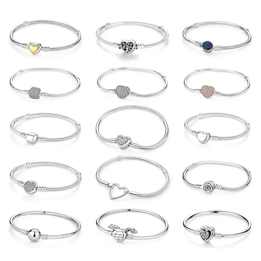 Original 925 Sterling Silver Bracelets Bangles Love Heart Clip Charms Beads Snake Chains For Women Rose Gold DIY Luxury Jewelry