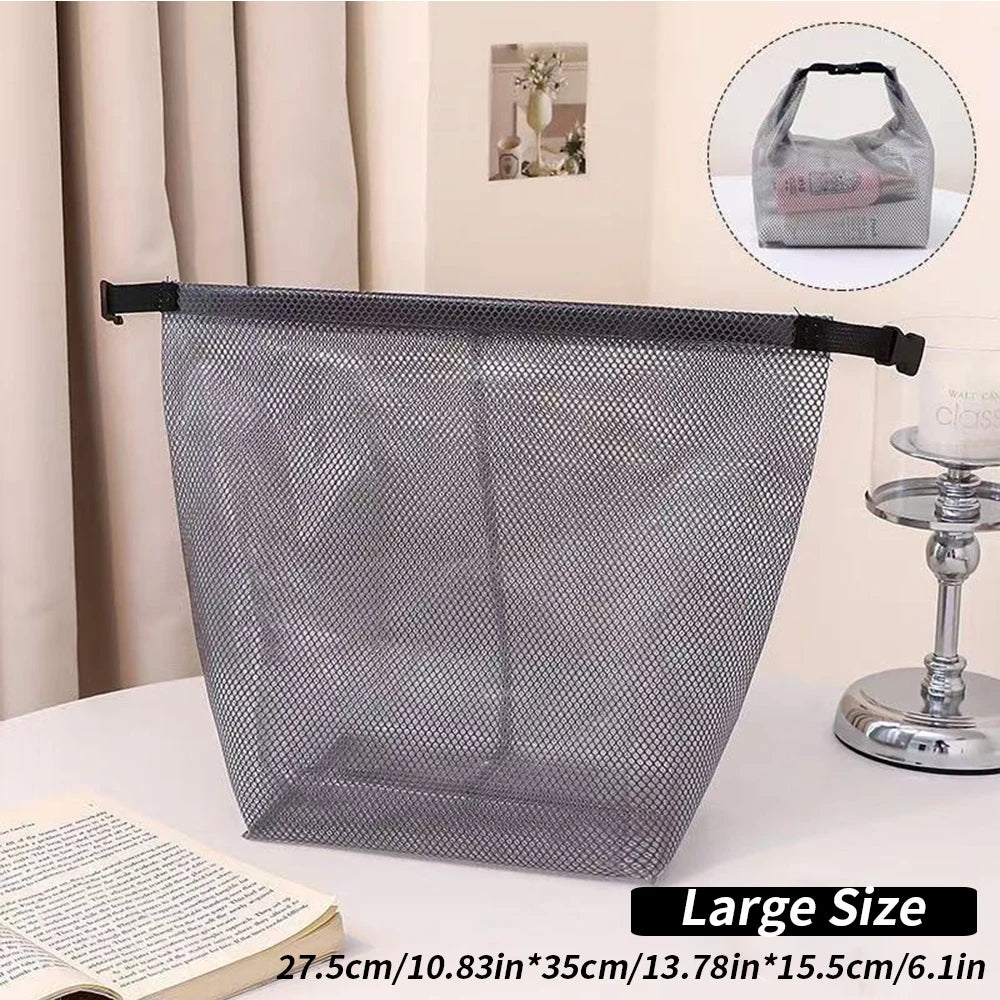 Waterproof Mesh Toiletry Bag, Drawstring Cosmetic Organizer with Quick-Release Buckle, Transparent Pouch for Travel, Gym, and Ba