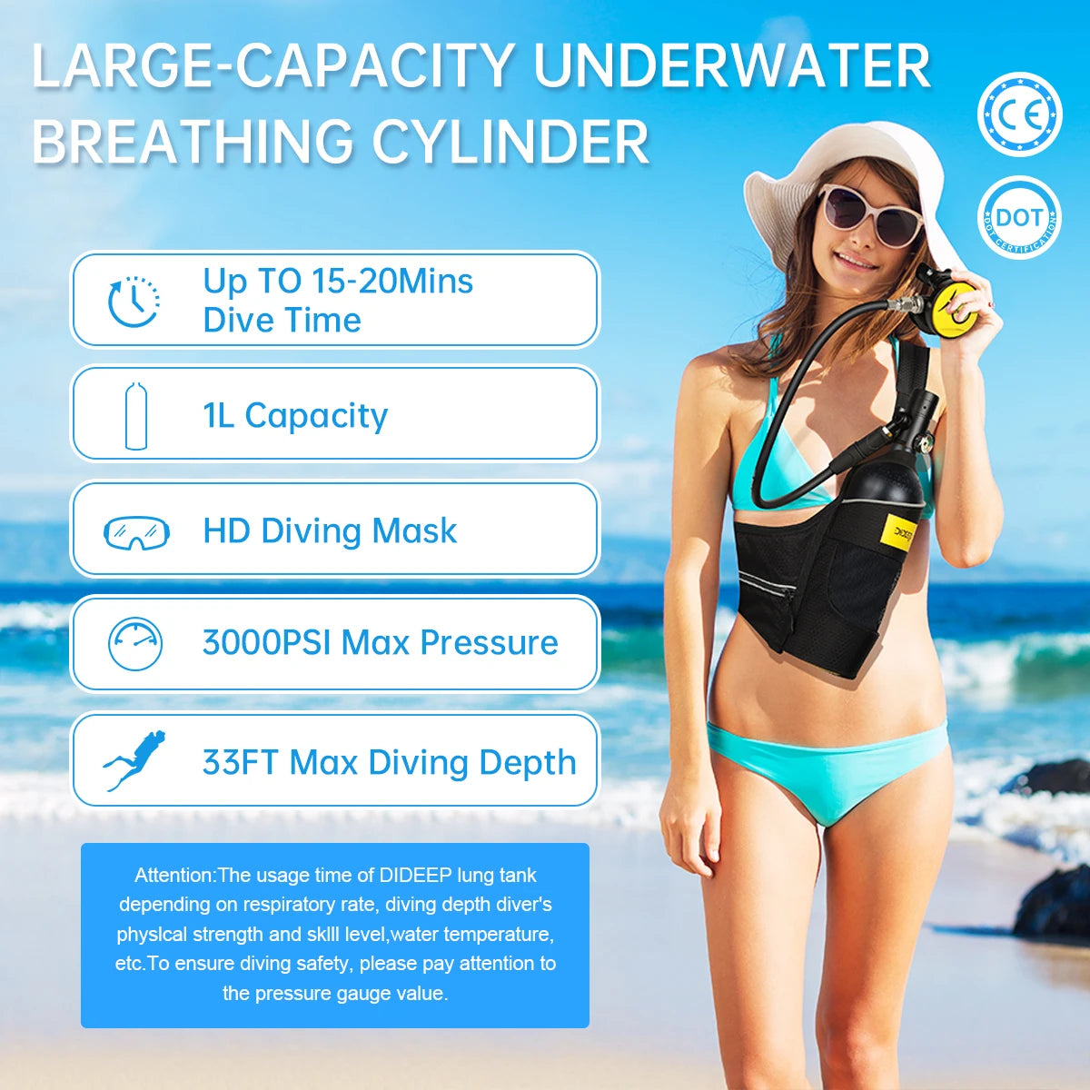 DIDEEP 1Liter Mini Scuba Diving Tank Set, 15-20Mins Underwater Diving Cylinder, Easy to Use, Portable Lungs Bottle with 3000 PSI