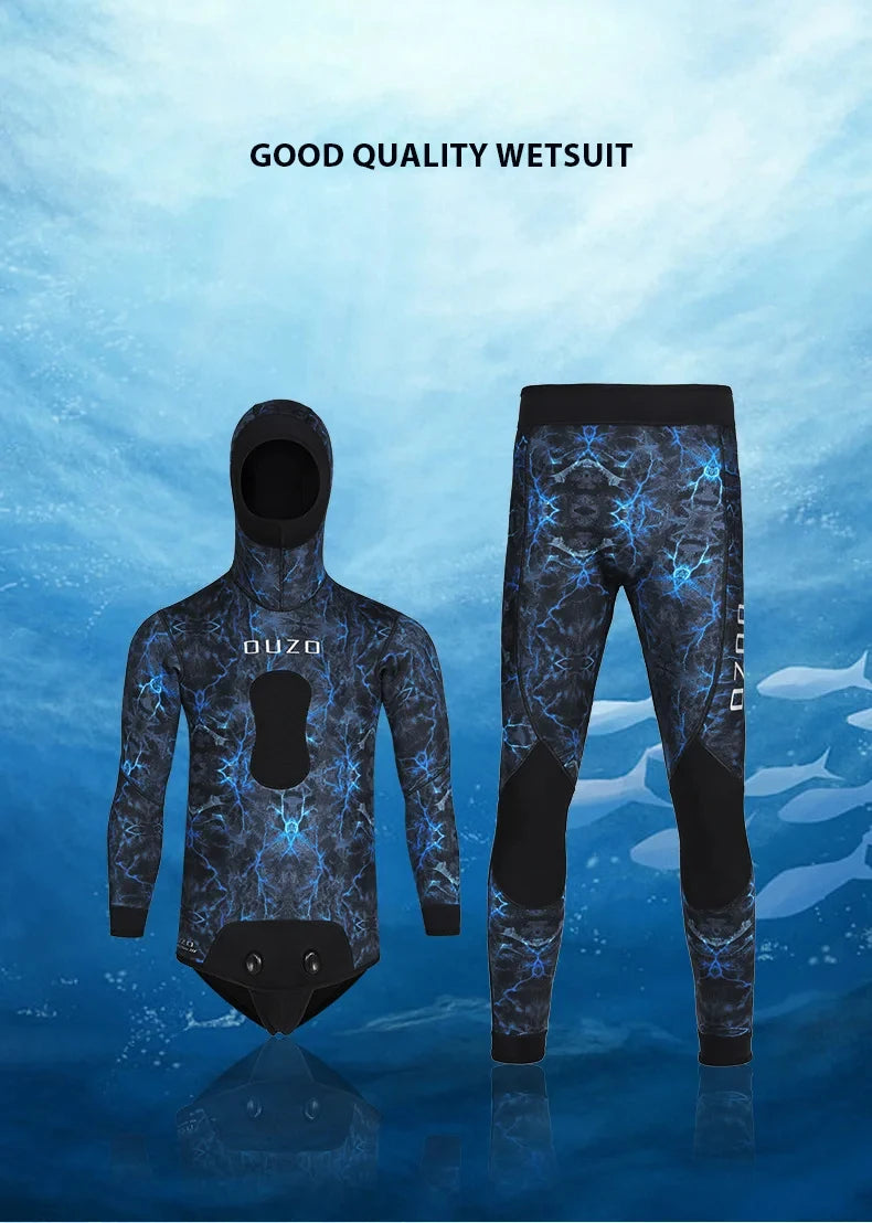 2 Pieces Neoprene Wetsuit 5mm Camouflage Long Sleeve Fission Hooded Submersible Men Keep Warm Scuba Diving Suit