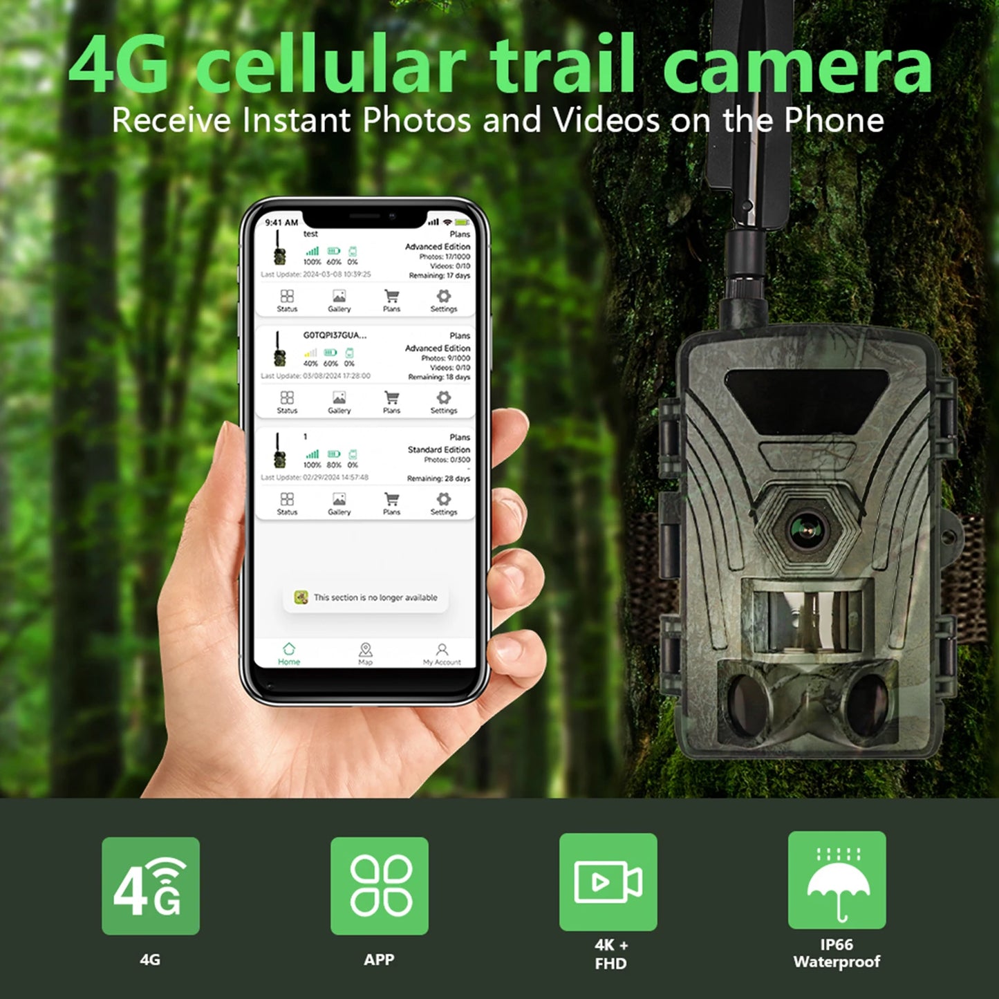 4G Trail Camera 8K Video 60MP Images PIR120°15M-20M Super-Fast Reflex Trigger Wildlife Camera with APP Cloud Storage Infrared